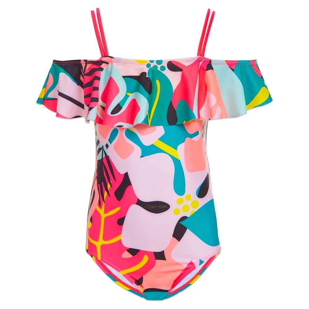 Calvin Klein Big Girls Printed Flutter One-Piece Swimsuit